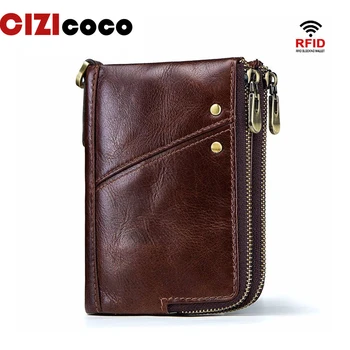 

Genuine Leather Men Wallets Vintage Cow Leather Card Holder Double Zipper Men Purse RFID Blocking Wallet Coin Purses