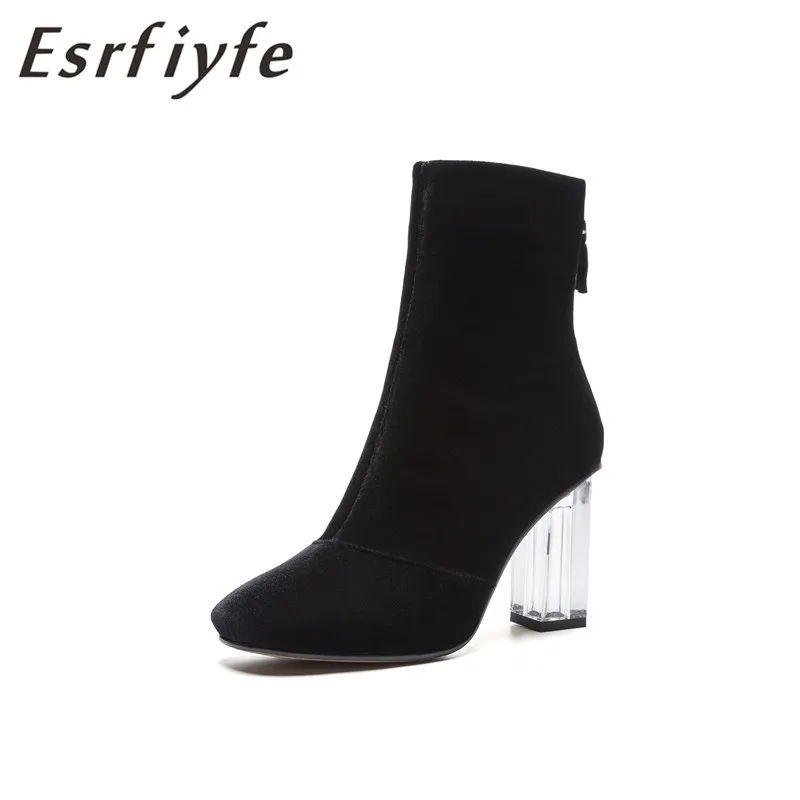 

ESRFIYFE 2019 New Flock Women Ankle Boots Autumn Winter Thick High Heels Crystal with Square Toe Shoes Woman Zipper Fringe Boots