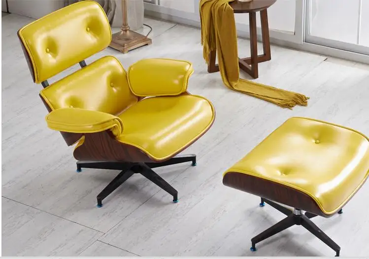 منتصف القرن الحديثة الكلاسيكية الخشب الرقائقي تصميم طبق الأصل نمط تشيس صالة & Ottoman مع عالية الجودة الأصفر مقعد استرخاء جلد
