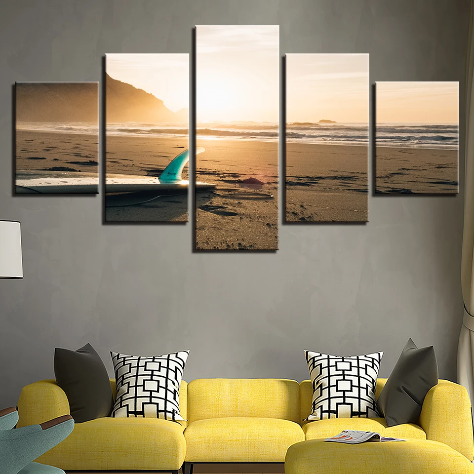 Canvas-Wall-Art-Pictures-Living-Room-Home-Decor-5-Pieces-Sunshine-Beach-Surf-Board-Seascape-Paintings (1)