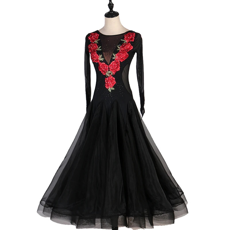 

Latino ballroom competition dress Black Long Waltz Dance Dress Adults Professional Western Classical Dance Long Dress