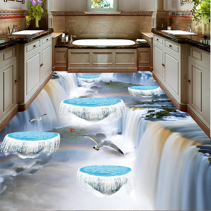 Пользовательские этаж обои водопад Айленде птица Ванная комната Кухня дорожки 3D пол Наклейки одежда Водонепроницаемый самоклеящиеся обои
