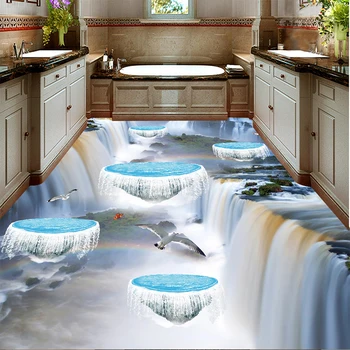 

Custom Floor Wallpaper Waterfall Lsland Bird Bathroom Kitchen Walkway 3D Floor Stickers Wear Waterproof Self-Adhesive wallpaper