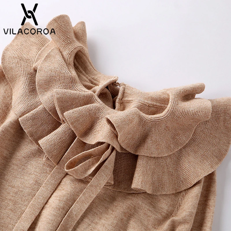 

Quality Fabrics Khaki Fuffles O Neck Pullovers Women Long Sleeve Winter Knitted Warm Sweater Female Casual Jumper