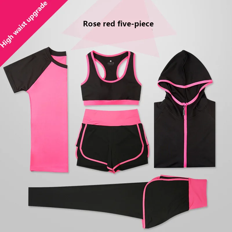 Rose red five-piece Спортивный костюм из двух предметов, свободная летняя одежда для фитнеса и йоги, спортивный костюм для женщин - Цвет: Rose red five-piece