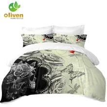 New Skull Rose Bedding Set Butterfly Print Duvet Cover Set Floral Bedding Couples Bedroom Decor Pillowcase 3Pcs Bedclothes D25