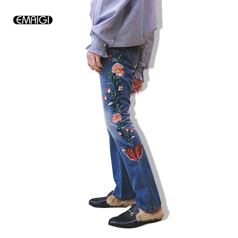 

Male New Wash Retro Deinm Micro Flare Jean Pant Men Women Fashion Casual Side Embroidered Jeans Trousers