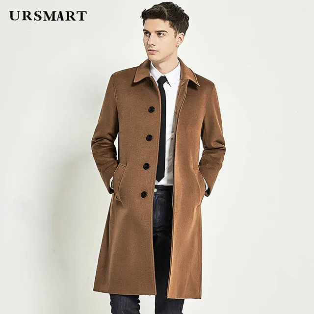 URSMART Wool coat men's long single breasted olive green men's coat ...