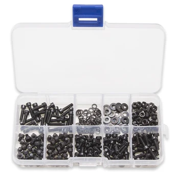 

300PCS Black Carbon Steel Cylindrical Column Hexagon Screw Bolts and Nut Flat Pad Washers Spring Box Kit Assortment