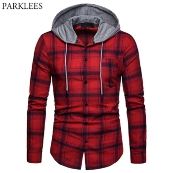 

Red Black Plaid Hooded Shirt Men Casual Regular Fit Male Buffalo Big Check Shirts Pocket Long Sleeve Hipster Street Wear Chemise