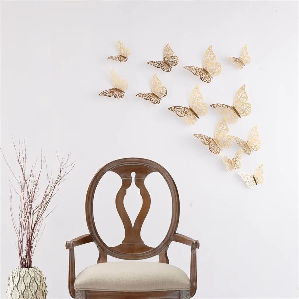 12 Pcs/Set 3D Wall Stickers Butterfly Hollow Paper 3Sizes Silver Gold for Fridge Home Party Wedding Decor Free Shipping | Дом и сад