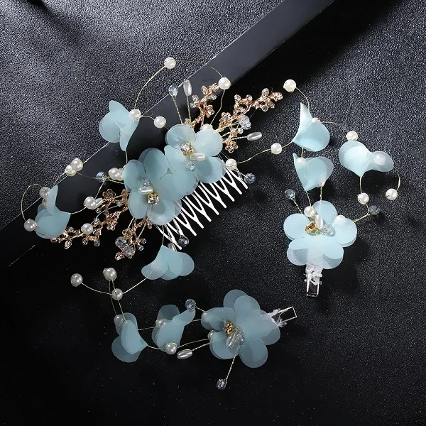 Light blue 1 компл. Белый Бесконтактный креповый цветок гребень заколка наборы невесты головной убор волос Tuft свадебный тиара для волос из горного хрусталя аксессуары ювелирные изделия - Цвет: Light blue