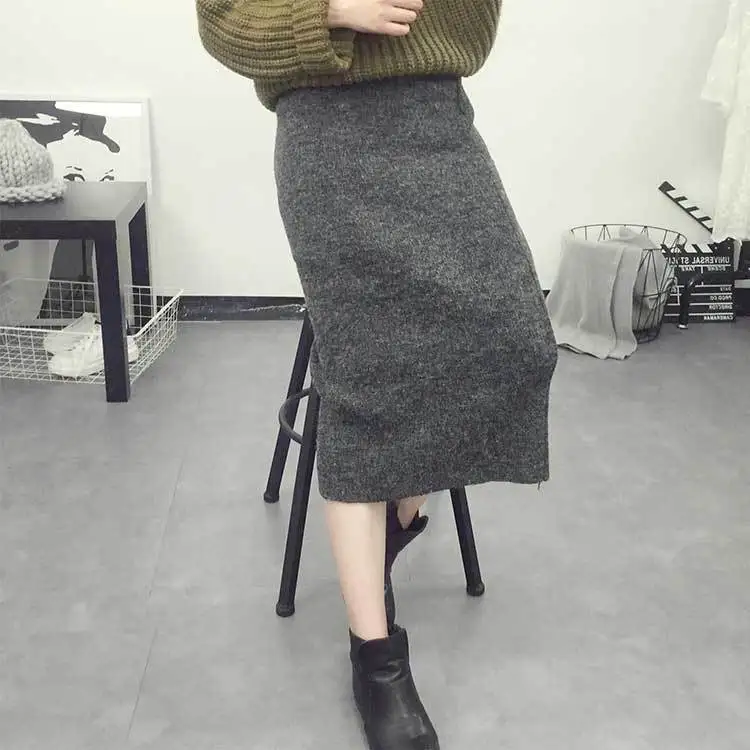 SETWIGG модная женская зимняя теплая кашемировая трикотажная юбка-карандаш серая облегающая вязаная юбка из кроличьей шерсти с разрезом Осенняя длинная юбка