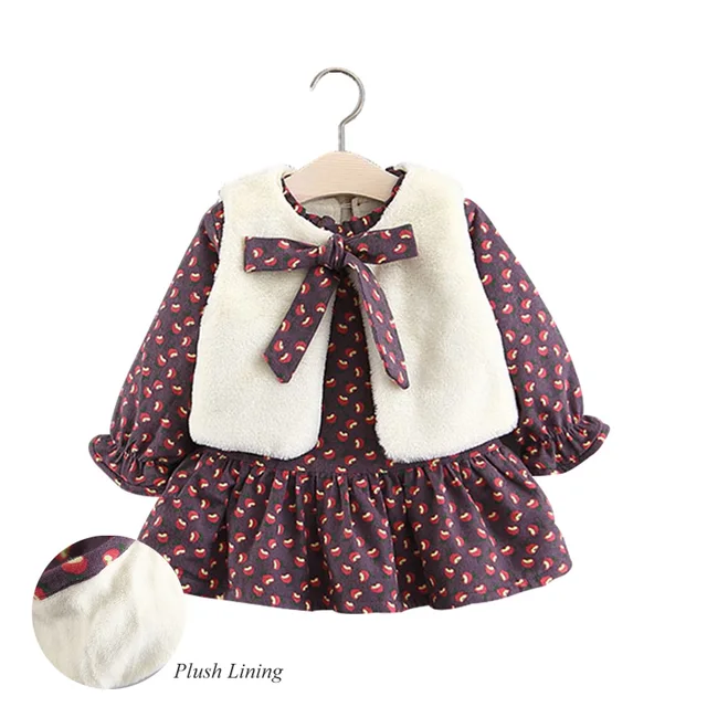 2PCS Baby Dress Winter Plush Lining Floral Baby Girl Winter Clothes