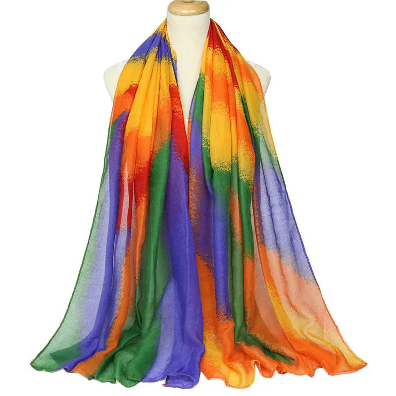 New Korean Rainbow Gradient Color Print Scarf Women Winter Scarf Cotton