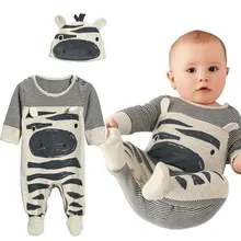 Новинка года, осенний комплект одежды для маленьких мальчиков, серый хлопковый комбинезон с длинными рукавами и рисунком зебры для маленьких мальчиков, комбинезон для новорожденных+ шапочка, комплект одежды для малышей