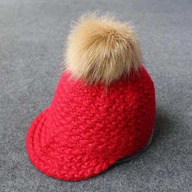 Корейская версия детских шапок Осень Зима Skullies ручной вязки шапочки пряжа волосы шарик утка язык бейсбольная кепка частная шляпа - Цвет: Красный