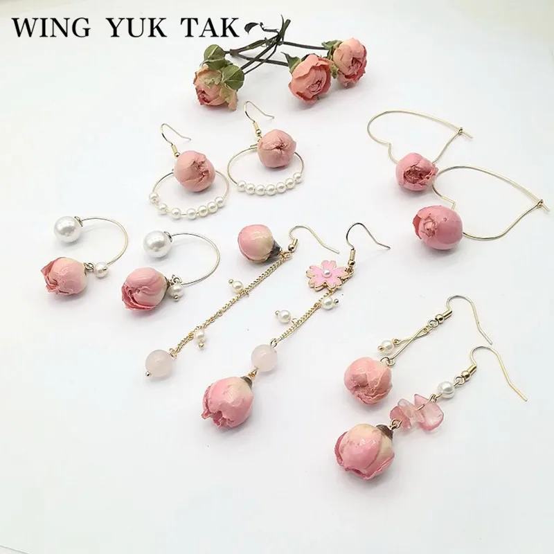Wing yuk tak Натуральные Сушеные серьги в виде цветка розы для женщин модные корейские