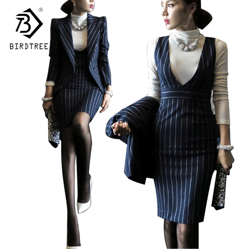 

Striped Dress Suit Official 2 pcs sets Workwear OL Style Women Dress Sets Stripe Top Suits and Bodycon Dresses S87447X