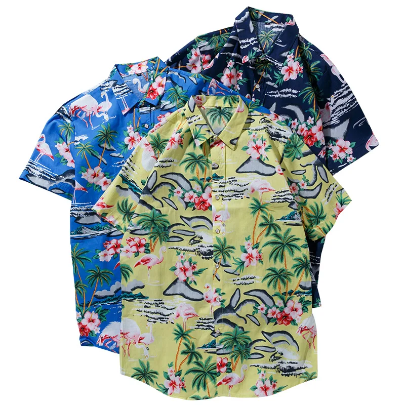 

2019 Summer 100% cotton Men Flower Printing Dress Shirts Floral Print Men Shirts short Sleeve Mens Casual Shirt camisa masculina