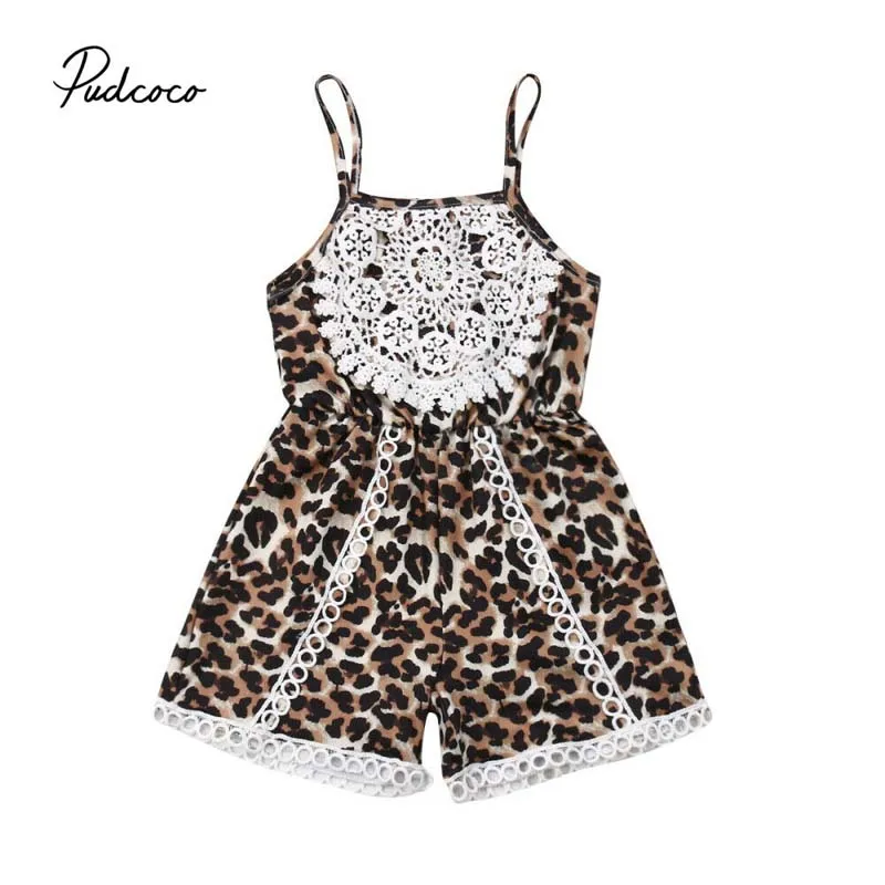 

2019 Brand Fashion Baby Leopard Outfit Rompers Toddler Kid Girl Lace Lace Flower Sleeveless Jumpsuit New Summer Holiday Playsuit