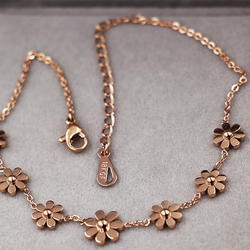 Titanium Steel Brand Jewelry 7 Daisy Anklets For Women Rose Gold Color Fashion Prevent Allergy Summer Jewelry ankle chains fashion accessories
