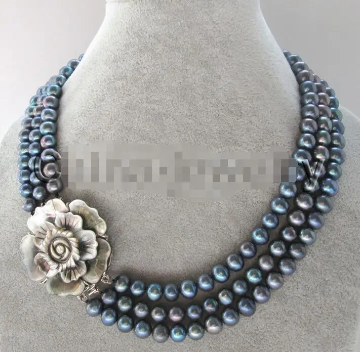 

3 row 17-19" 8-9 mm natural black freshwater pearl necklace