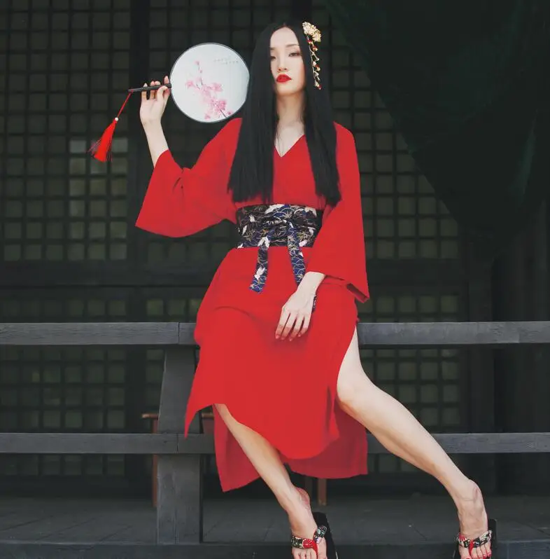 Традиционное японское кимоно, японское кимоно, черное, юката, новое чувство одежды, японский костюм гейши, хаори FF2033 - Цвет: Красный