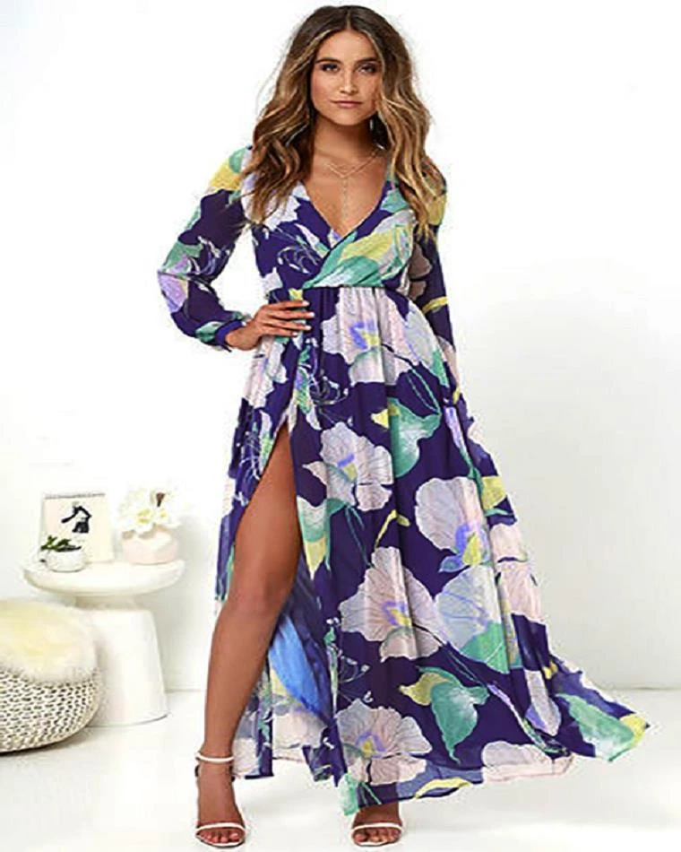 Estampado bohemio Verano playa primavera largo Maxi mujeres Vestidos de manga larga cuello en Vestidos Verano 2019|Vestidos| - AliExpress