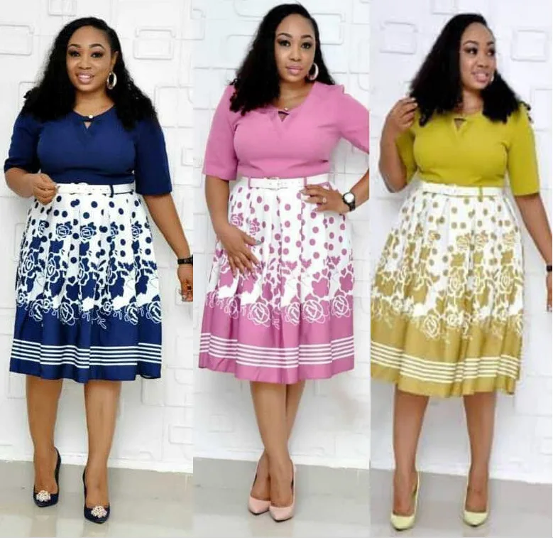 

African plus-size women's short sleeve digital print personalized hollowed-out dress belt