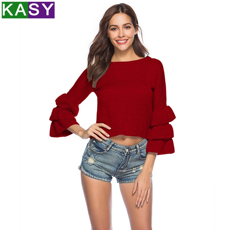 

2019 Spring Sexy Layering Sleeve Bolero Sweaters Women Casual Knitwear Short Red Pullovers S Chic Crop Black Sweaters Pull Femme