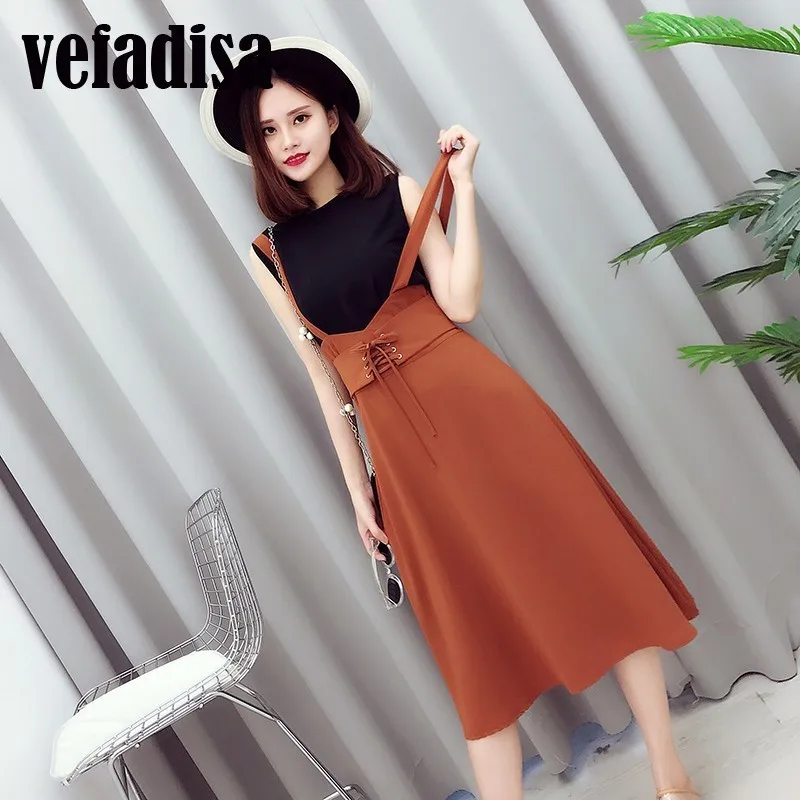 Vefadisa 2017 Nova Coreano Moda Mulher Em Torno Do Pescoço Sem Mangas Chiffon Camisa + Cintura Alta Cinta Bandagem Vestido de Colete Terno AL874