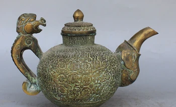

10" Chinese Vintage Bronze Gold Gilt Dragon Wine Pot Winepot Flagon Sculpture