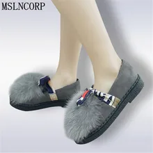 Большие размеры 34-45; Новая женская обувь; сезон осень-зима; теплые тапочки на плоской платформе с натуральным кроличьим мехом; женская обувь; Плюшевые Мокасины без застежки