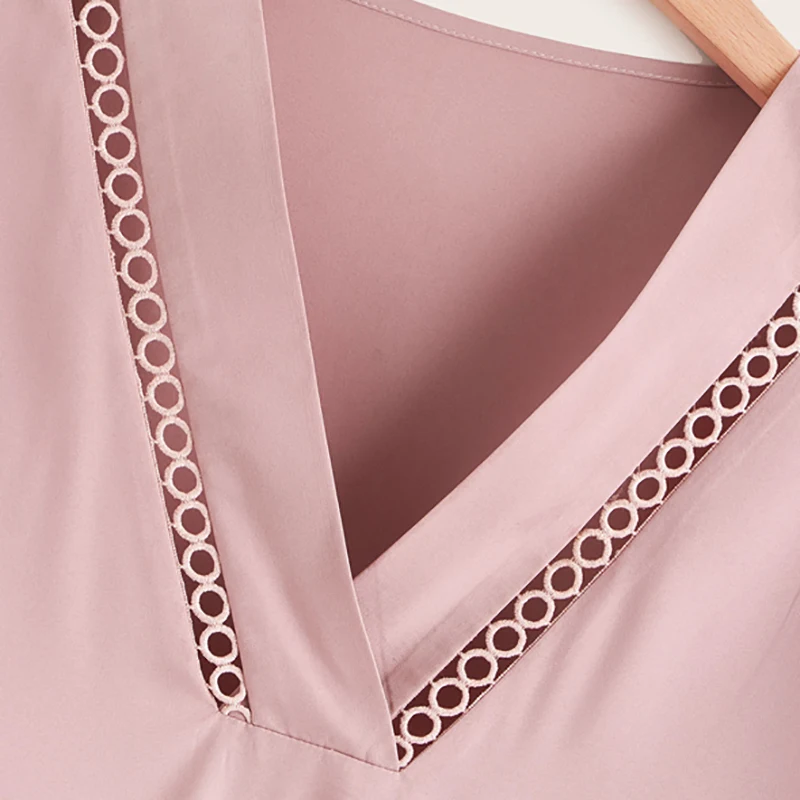 Dotfashion размера плюс с розовым кружевом Панель Высокая Низкая блузка Для женщин летние Повседневное V образным вырезом короткий рукав Костюмы Дамская мода топы