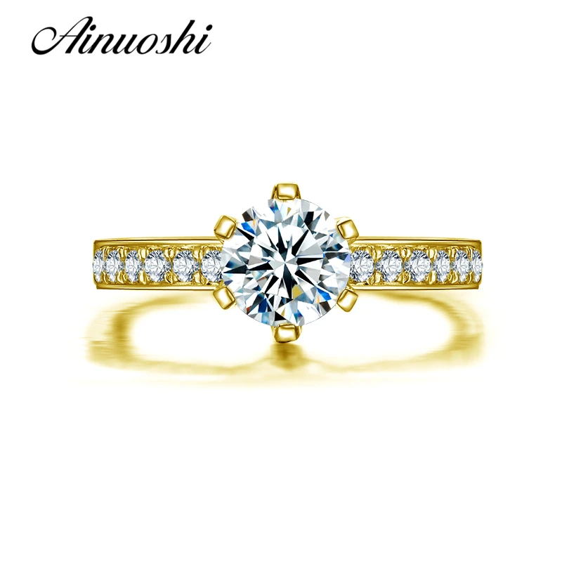 

AINUOSHI 10k Solid Yellow Gold Wedding Ring 1 CT 6 Claw Simulated Diamond Shinning Anelli Donna Women Engagement Ring Customized
