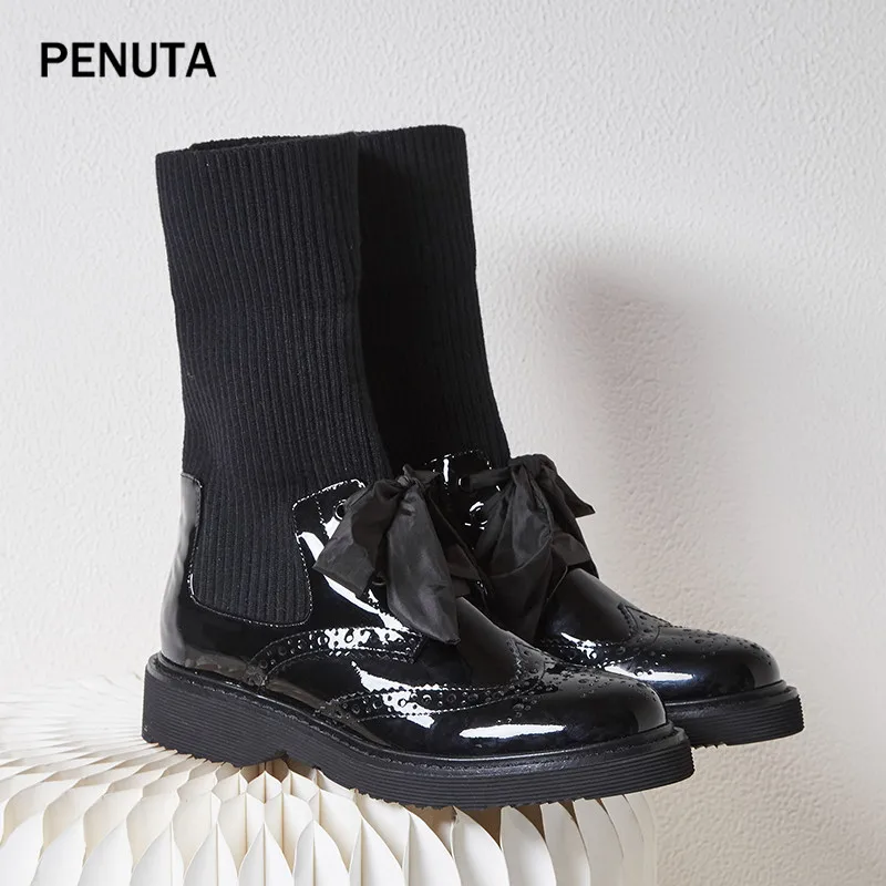 PENUTA/; женские ботинки-броги из лакированной кожи; женские ботильоны на шнуровке; кожаные женские короткие ботинки martin с вышивкой; PD928