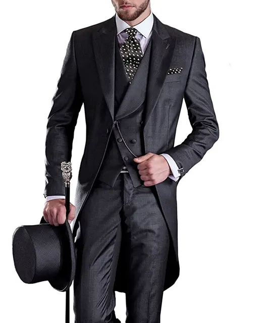 Premium Mens Tail Tuxedo 3pc Tailcoat suit in Gray Black