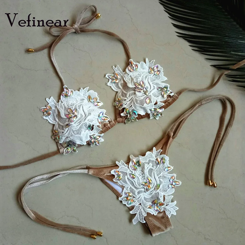 

Vefinear Diamond Rhinestone Bikini Swimsuit Sexy Women Bandage Biquini Micro Lace Bikini Halter Swimwear Beach Wear