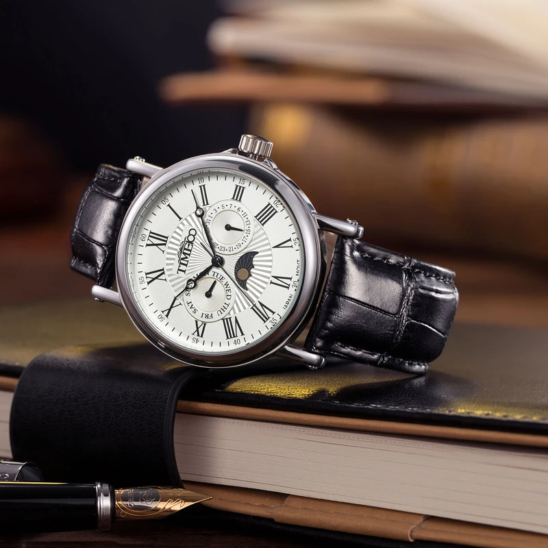 New Arrival Fashion Time100 Men's Roman Numerals Sun Phase White Dial Watch #W80035G.01A