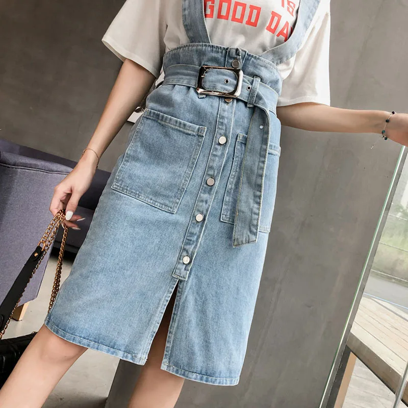 

BGTEEVER 2019 Summer Fashion Women Single Breasted Jeans Skirt Double Pockets High Waist Belted Strap Pencil Denim Skirt femme