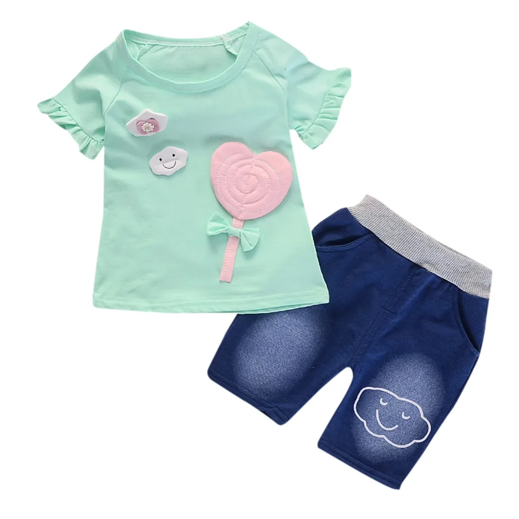 

SZYADEOU Toddler Baby Short Sleeve Cartoon Print Tops+Denim Shorts Set Baby Outfits Summer Infant Girl Clothing Wholesale L4