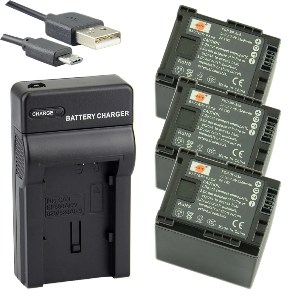 DSTE 3pcs BP-828 Li-ion Battery + UDC26 USB Port Charger for Canon HF-G30 XA20 XA25 Digital Camera bp 828 battery bp828 828 batteries for canon hf g30 hfg30 xa20 xa25 bp 820