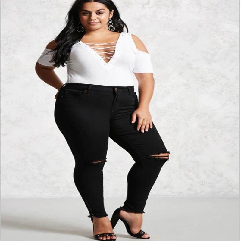 black leggings Babbytoro Леггинсы для женщин брюки хлопок плюс размер высокая талия 6xl 5xl 2xl рваные колени Джеггинсы брюки черные брюки-карандаш - Цвет: black leggings