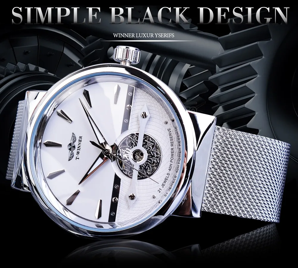 Winner автоматические мужские часы, серебряные, простые, полый скелет, тонкая сетка, стальной ремешок, наручные часы, самовзводные, механические, водонепроницаемые часы
