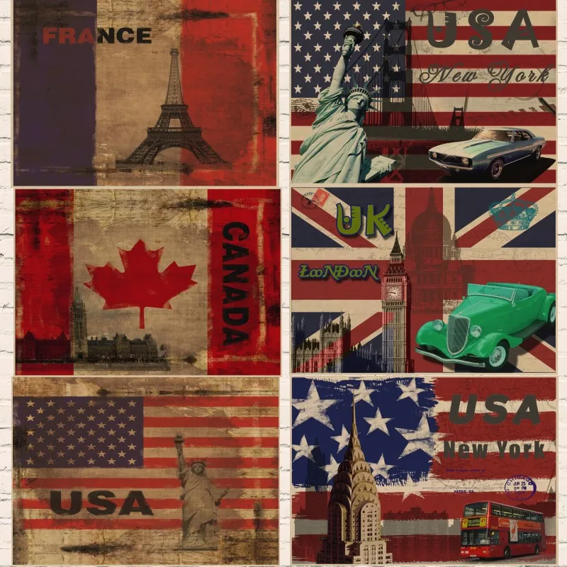 

France Canada United Kingdom USA UK Car Bus Buildings Flag Retro Kraft Paper Poster Modern Decorative Paintings walla sticker