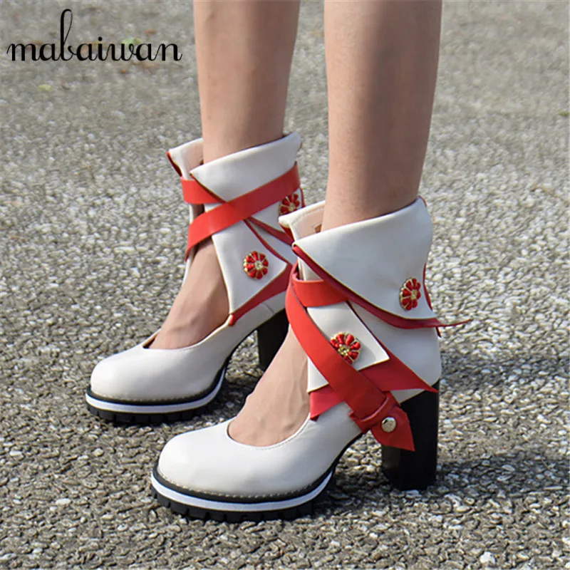 Image British Genuine Leather Women Summer Ankle Boots White Chunky High Heels Straps Botines Mujer Women Platform Pumps Shoes Woman