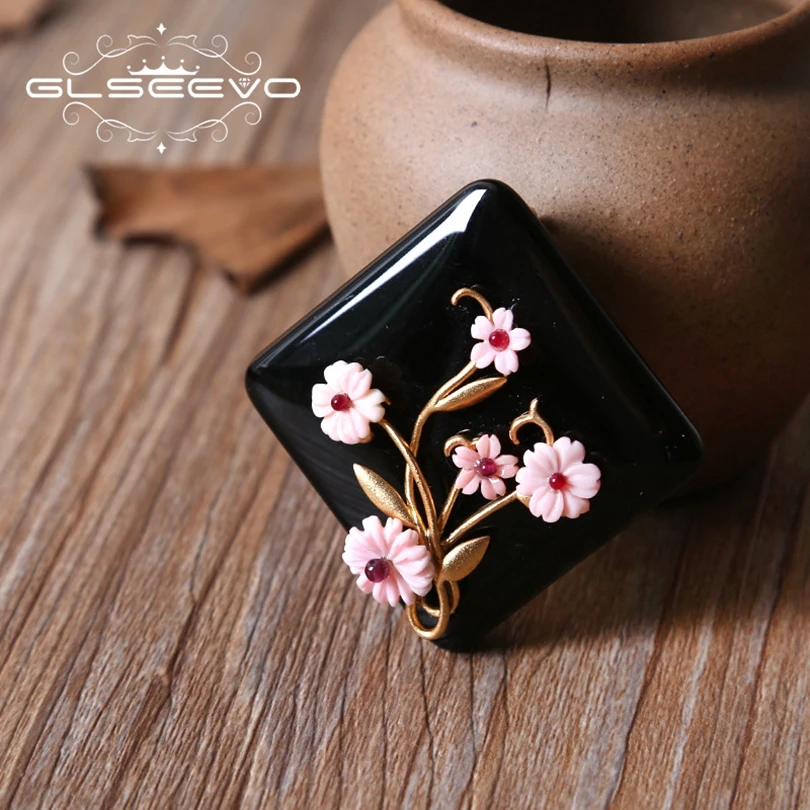 

GLSEEVO Natural Black Agate Brooch Pins Shell Flower Brooches For Women Accessories Gift Dual Use Luxury Fine Jewelry GO0174