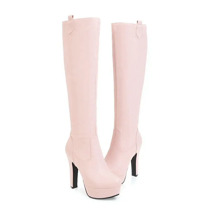 ESVEVA/ г. Женские ботинки модные сапоги до колена из искусственной кожи с круглым носком женские высокие сапоги без застежки на синтетической платформе размеры 34-43 - Цвет: Розовый