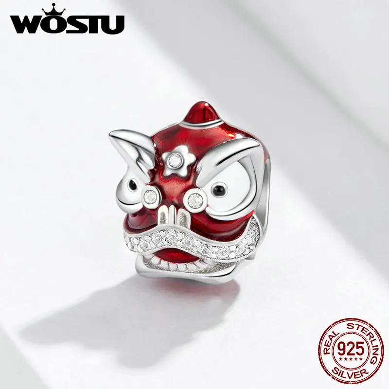 WOSTU Красный Лев Бусы для танца 925 пробы серебро Циркон Шарм Подходит браслет кулон серебро 925 ювелирных изделий CTC086